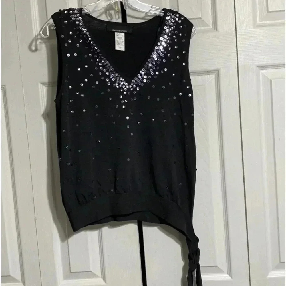 Jones NY beaded sequin knit sleeveless charcoal gray top shirt blouse